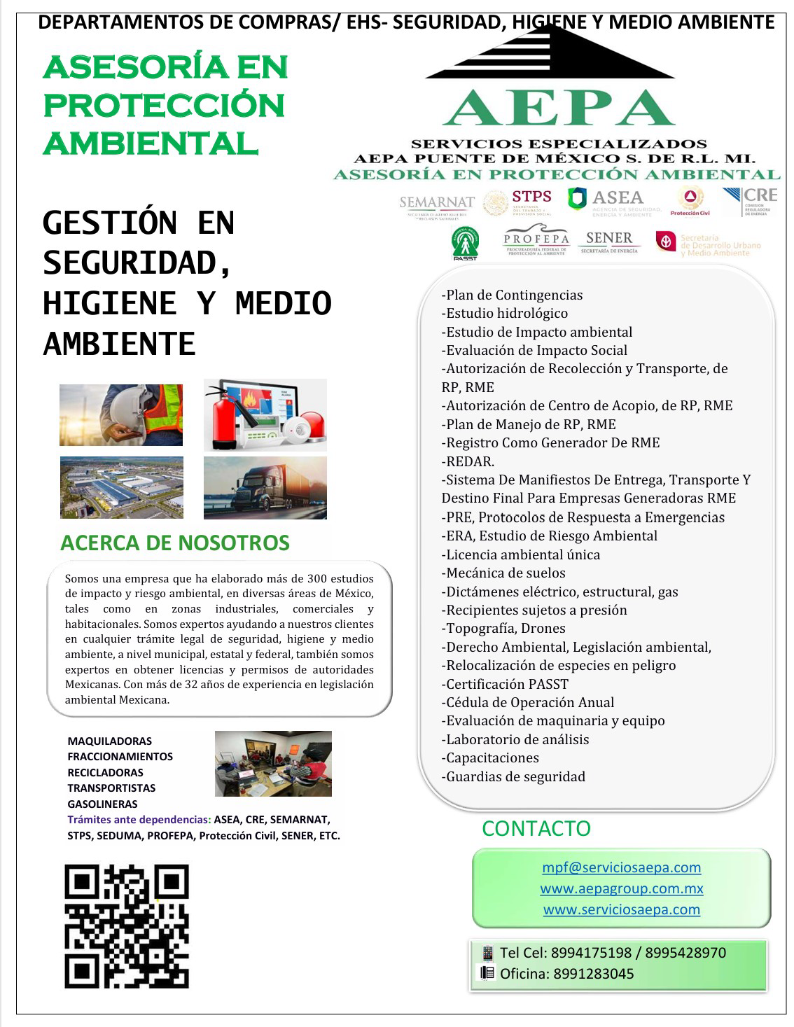 Flyer informativo de AEPA: Asesoría en protección ambiental y gestión en seguridad, higiene y medio ambiente.